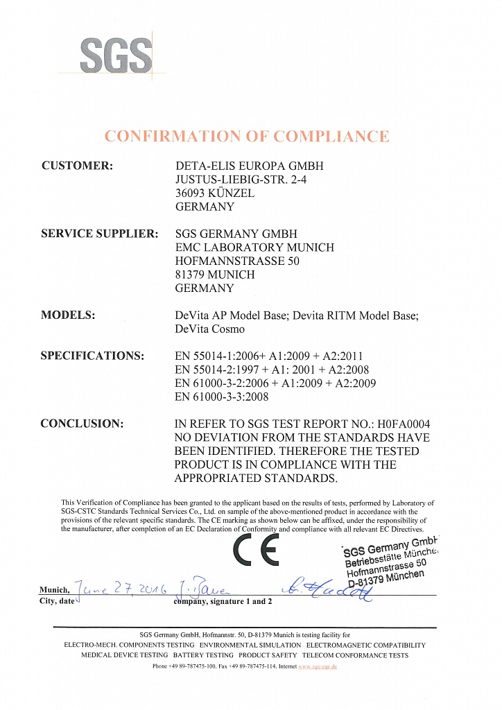 Международный Сертификат DeVita серии Base на электромагнитную совместимость