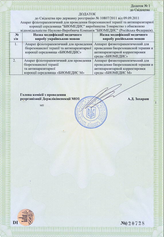 4. Свидетельства о регистрации приборов Биомедис. Украина-2